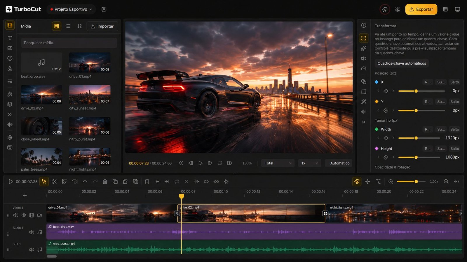 TurboCut: edição profissional com quadros-chave, multi-faixa e preview em tempo real