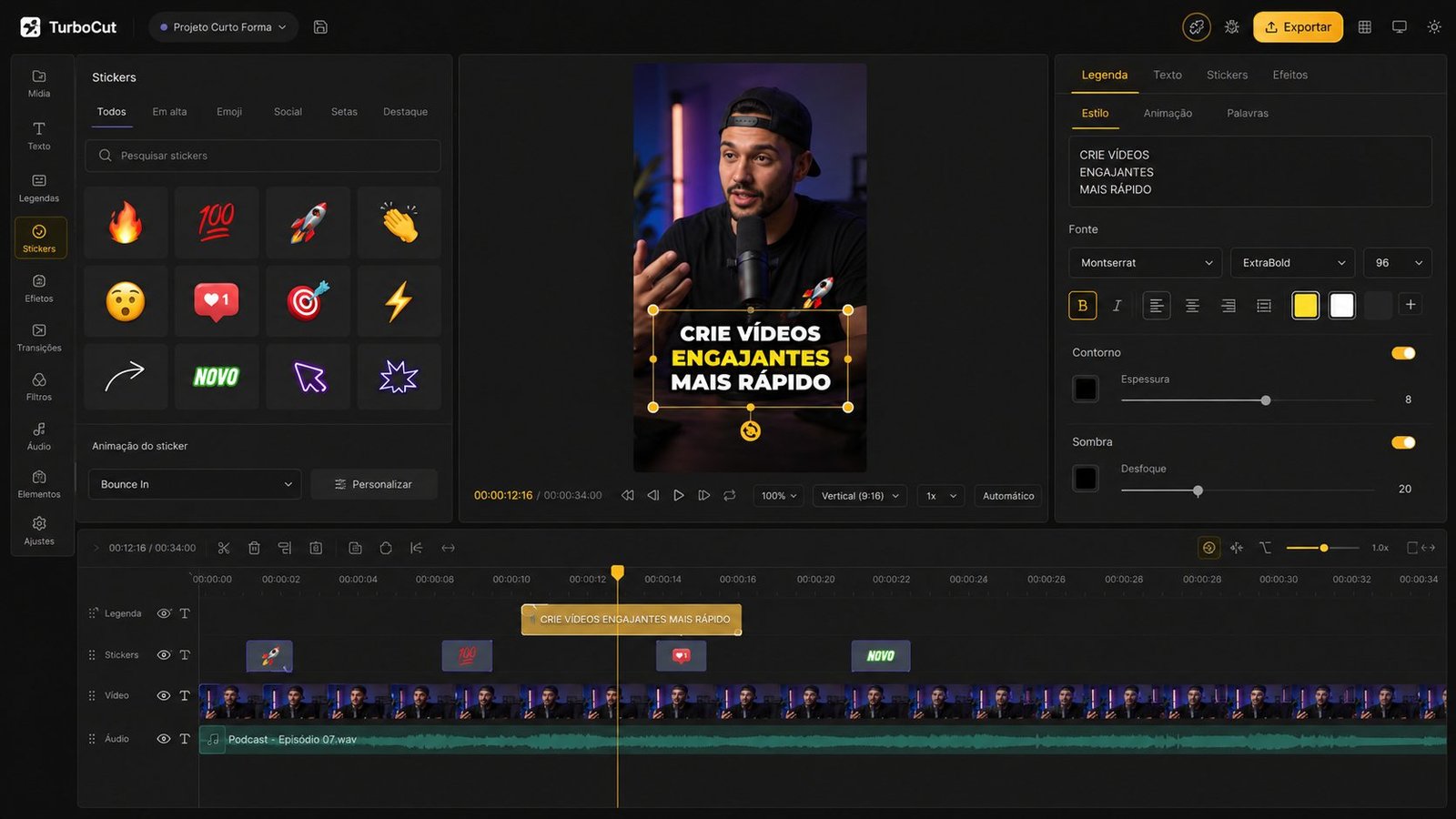 TurboCut: formato vertical para Shorts e Reels com legendas estilizadas e stickers